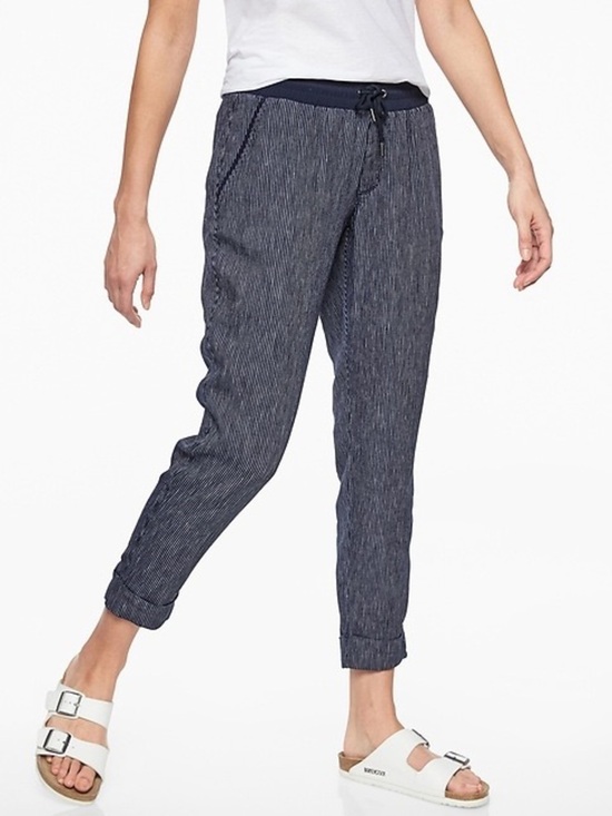 Athleta Pants - Athleta Stripe Bali Linen Ankle Pant Navy Blue White Size 10 Tall